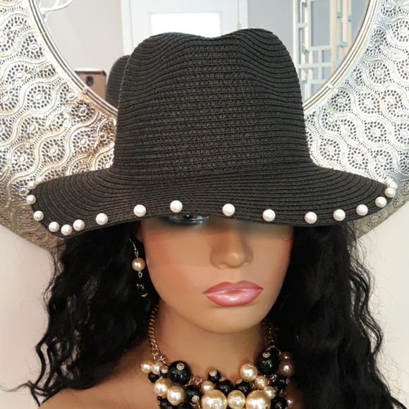 Straw Hat w/Pearl Accents - Picture 2 of 3